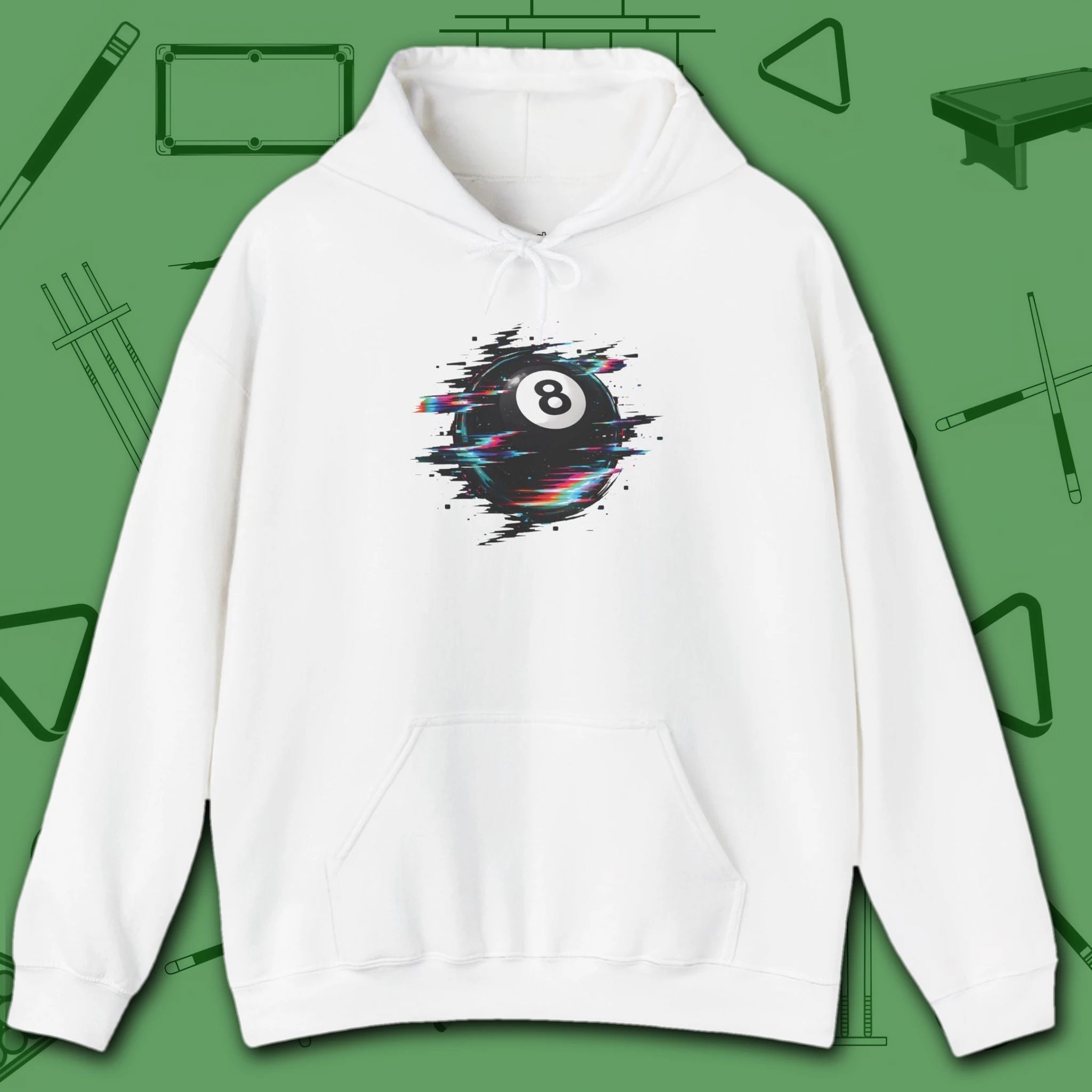 Digital Glitch Eight Ball Hoodie, in White color, billiards hoodie, front view