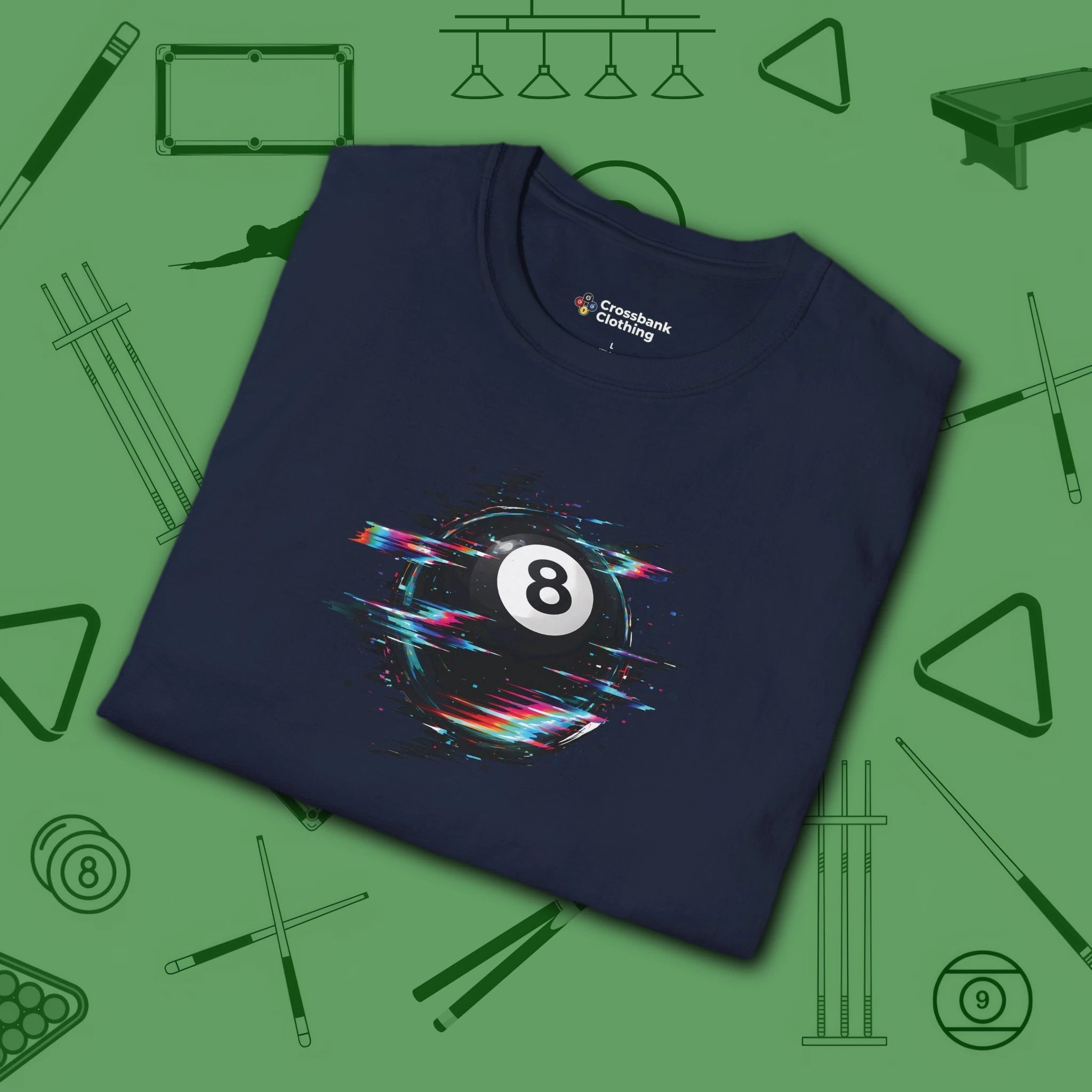 Digital Glitch Eight Ball T-Shirt, in Navy color, billiards shirt, folded view