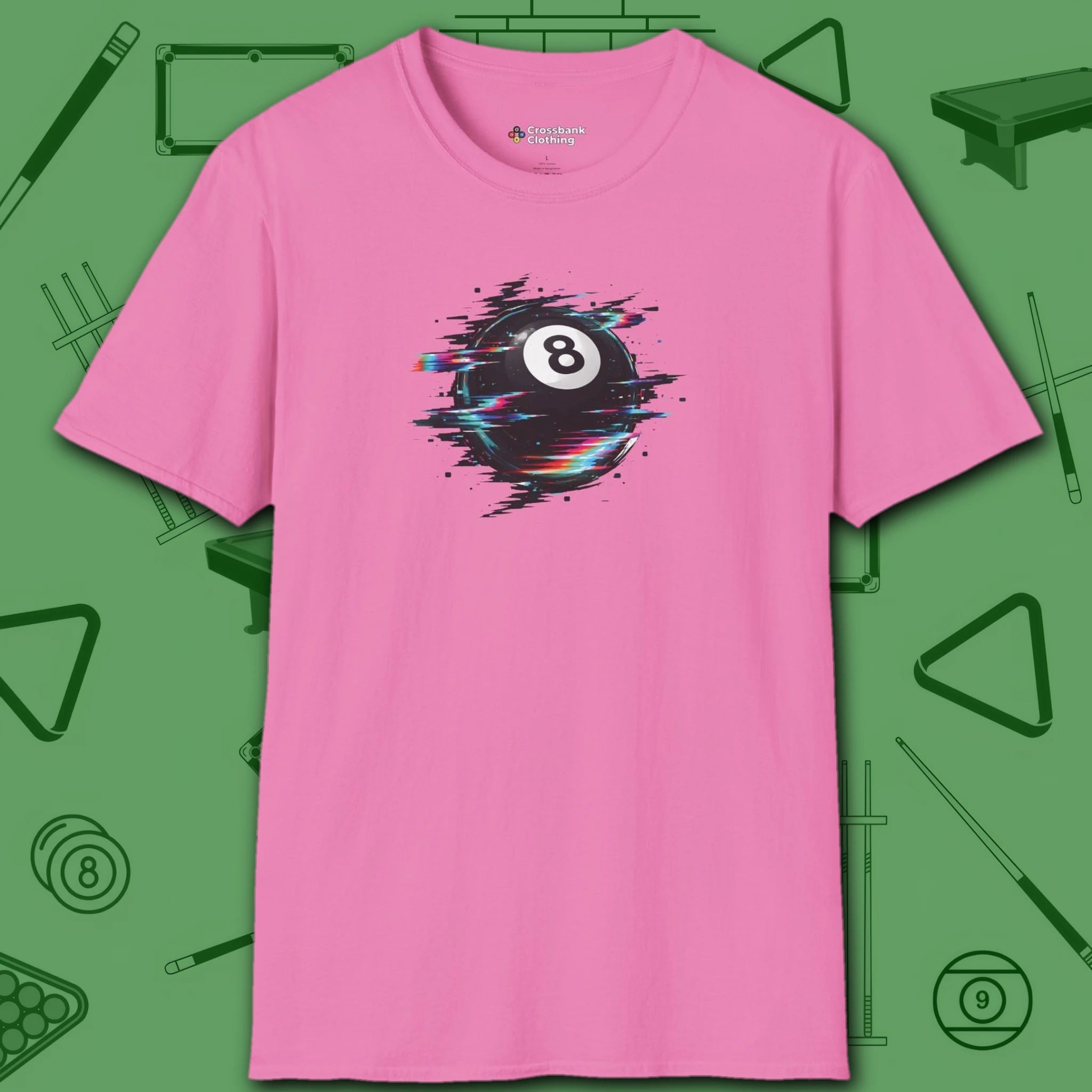 Digital Glitch Eight Ball T-Shirt, in Azalea color, billiards shirt, front view