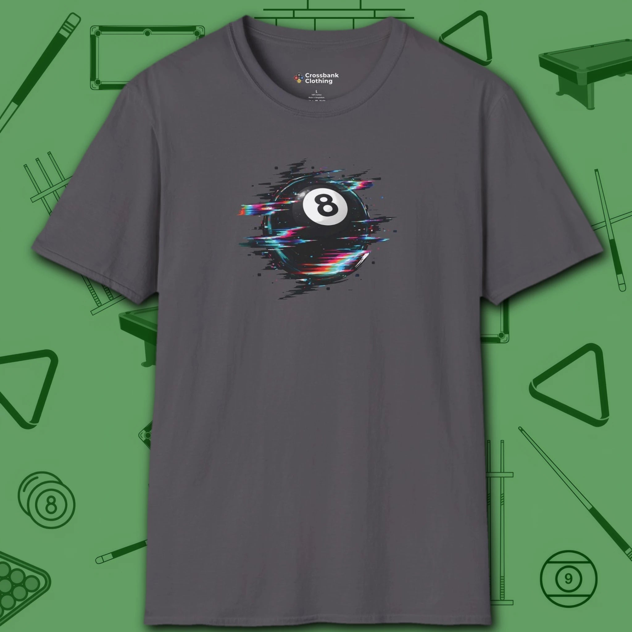 Digital Glitch Eight Ball T-Shirt, in Charcoal color, billiards shirt, front view