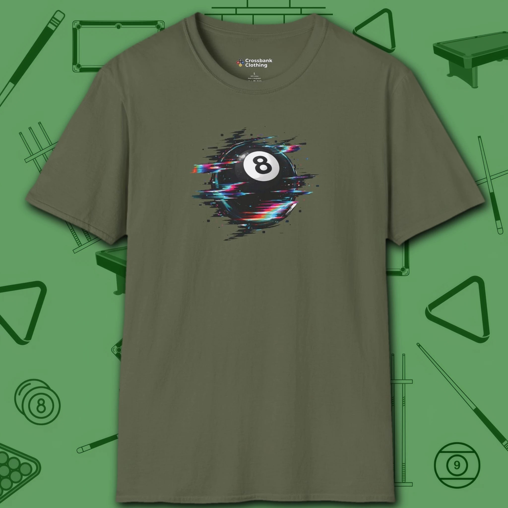 Digital Glitch Eight Ball T-Shirt, in Military Green color, billiards shirt, front view
