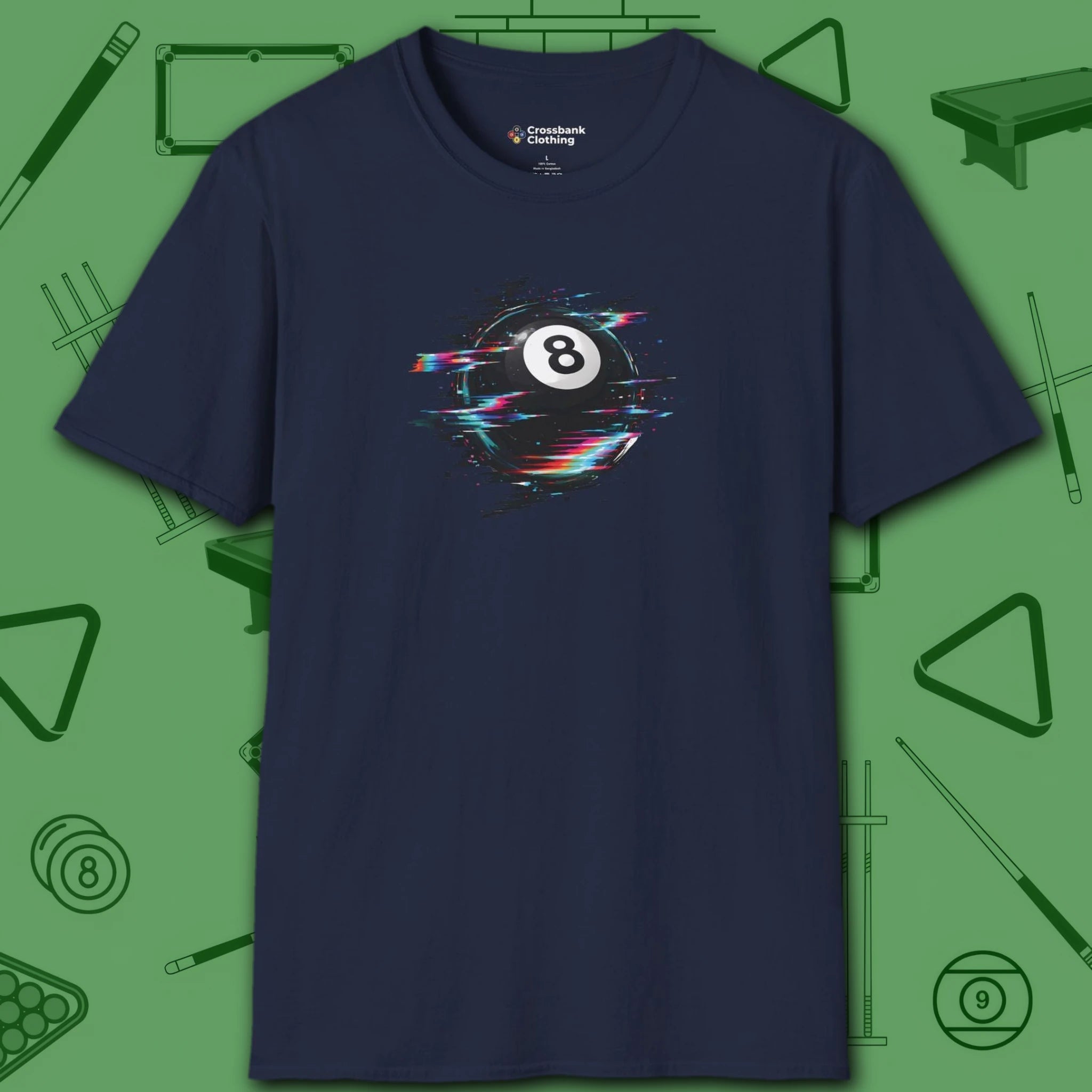 Digital Glitch Eight Ball T-Shirt, in Navy color, billiards shirt, front view