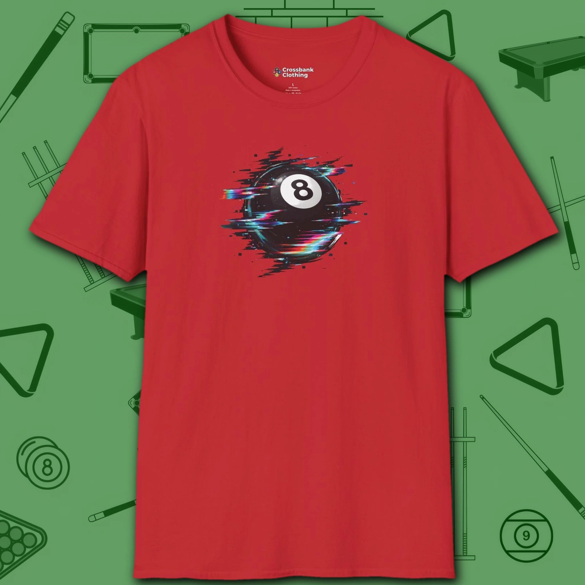 Digital Glitch Eight Ball T-Shirt, in Red color, billiards shirt, front view