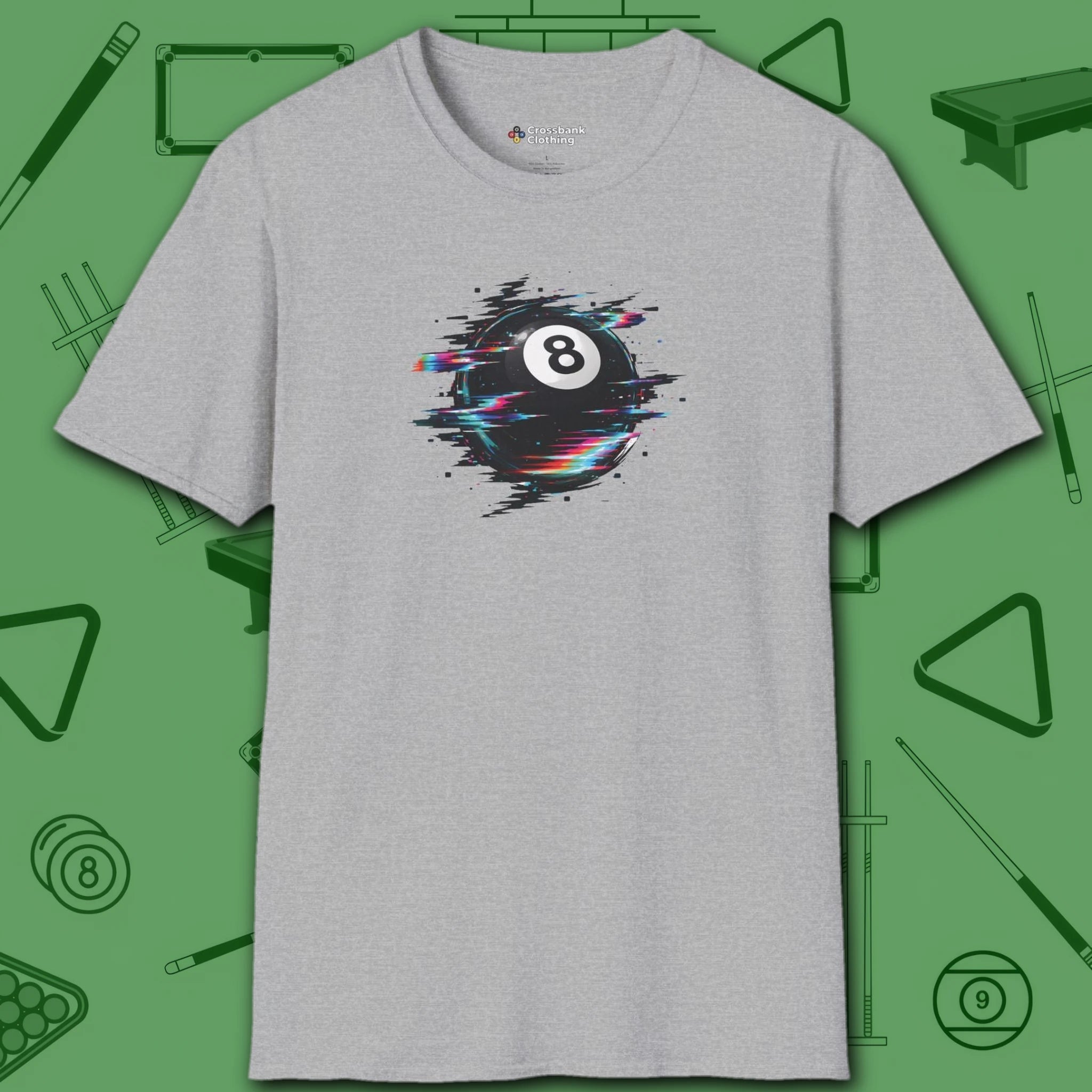 Digital Glitch Eight Ball T-Shirt, in Sport Grey color, billiards shirt, front view