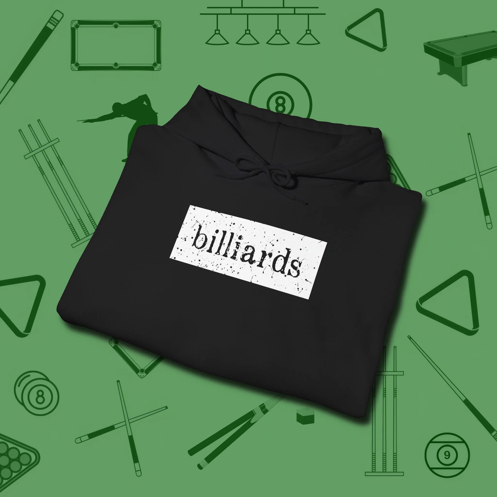 Distressed Billiards Sign Hoodie, folded view, in Black because you don’t just play — you represent