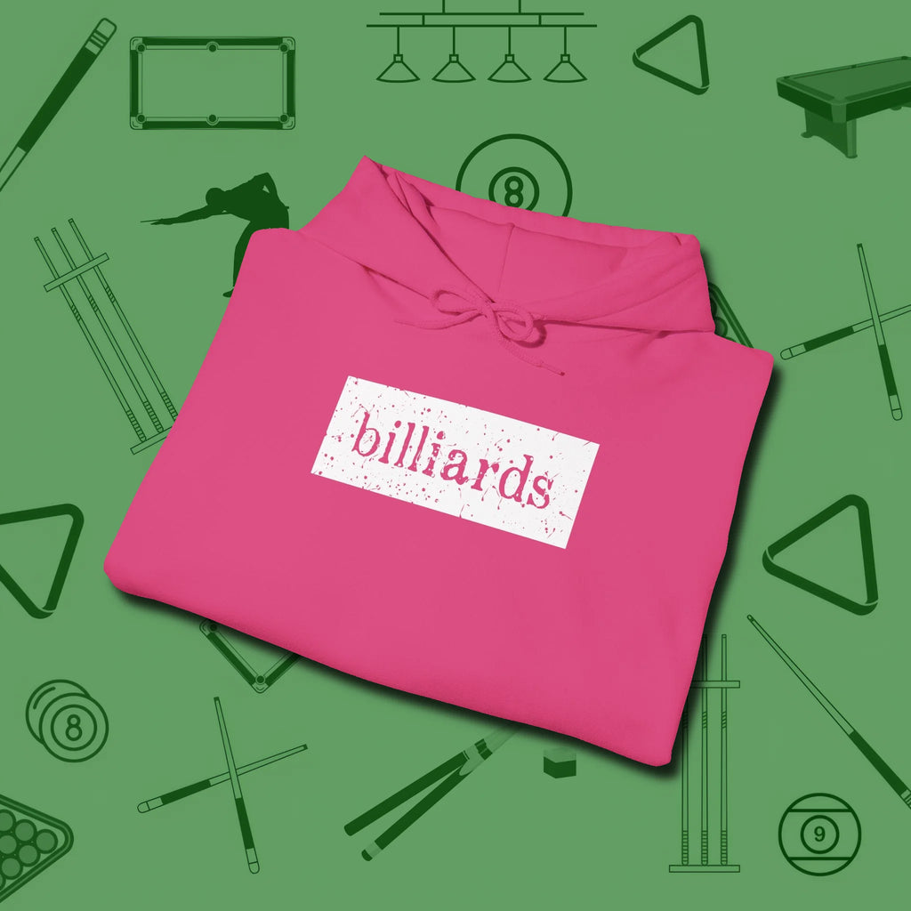 Distressed Billiards Sign Hoodie, folded view, in Heliconia tough like your favorite break cue