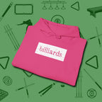 Distressed Billiards Sign Hoodie, folded view, in Heliconia tough like your favorite break cue