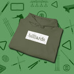Distressed Billiards Sign Hoodie, folded view, in Military Green poolroom style with tournament attitude
