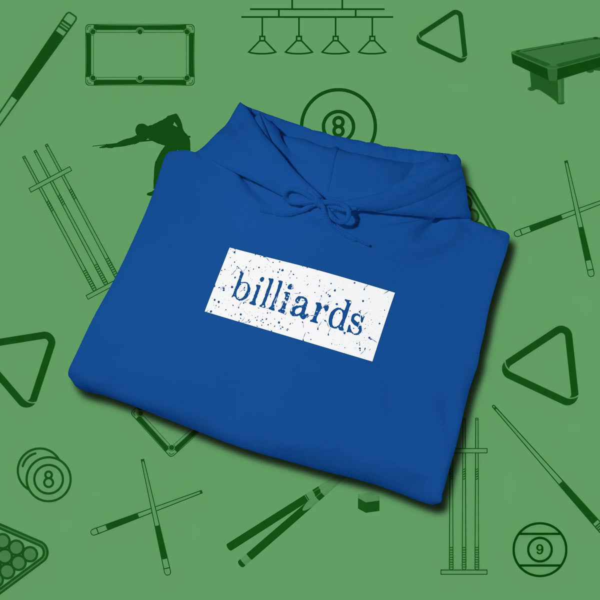 Distressed Billiards Sign Hoodie, folded view, in Royal an extension of your pool persona