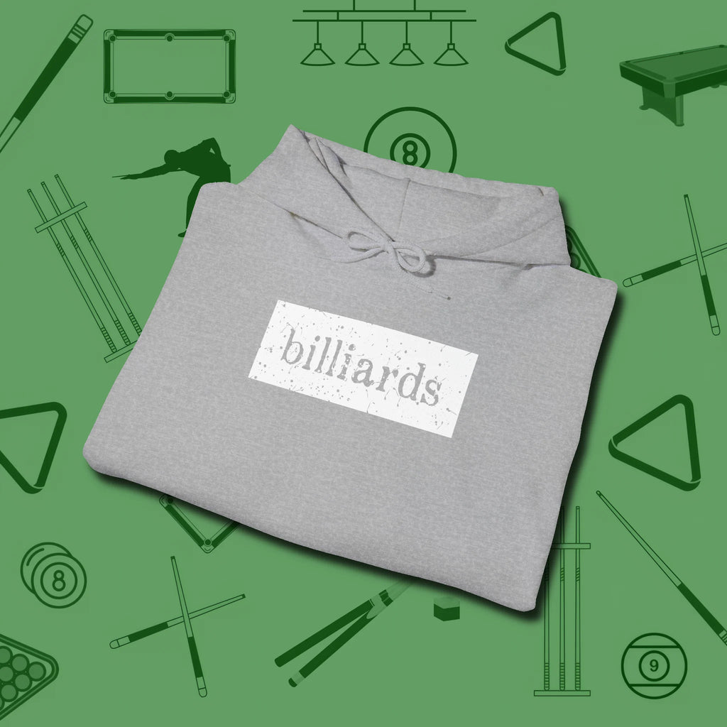 Distressed Billiards Sign Hoodie, folded view, in Sport Grey break, run out, turn heads — repeat
