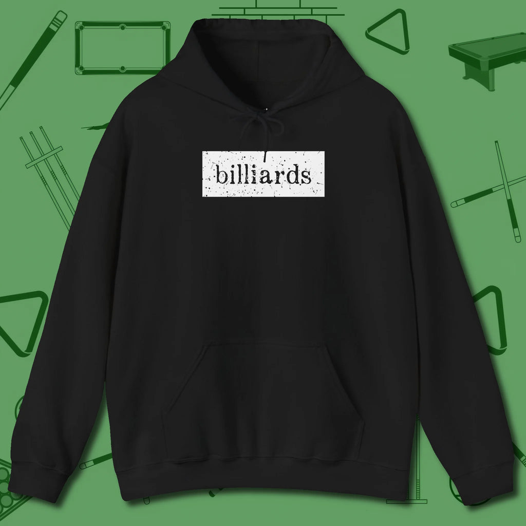 Distressed Billiards Sign Hoodie, front view, in Black not your average 8-ball graphic tee