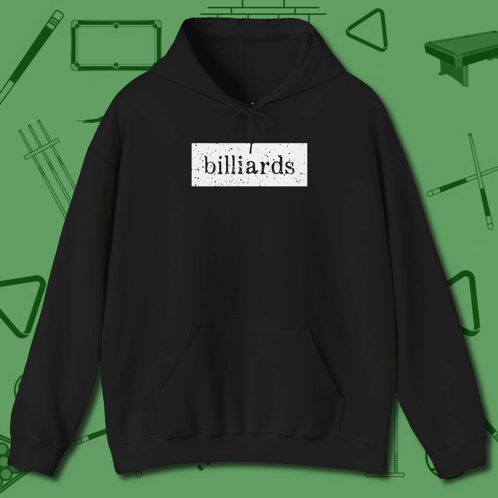 Distressed Billiards Sign Hoodie, front view, in Black not your average 8-ball graphic tee