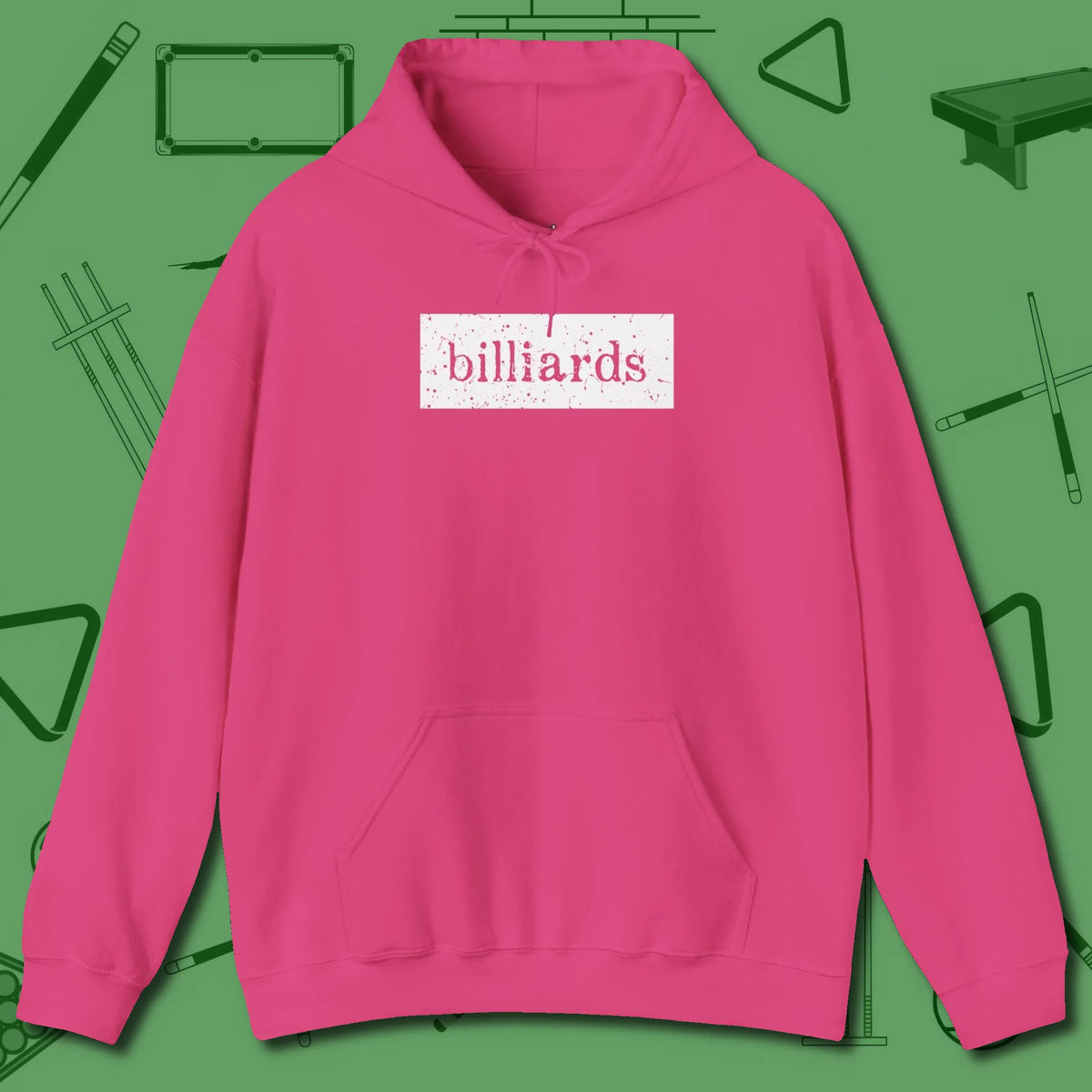 Distressed Billiards Sign Hoodie, front view, in Heliconia confidence stitched in every seam