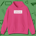 Distressed Billiards Sign Hoodie, front view, in Heliconia confidence stitched in every seam