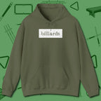 Distressed Billiards Sign Hoodie, front view, in Military Green style that banks as hard as you do
