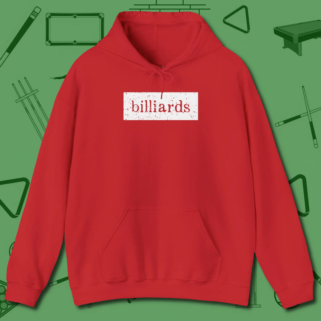 Distressed Billiards Sign Hoodie, front view, in Red the shirt that plays position