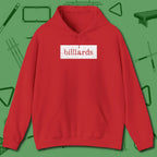 Distressed Billiards Sign Hoodie, front view, in Red the shirt that plays position