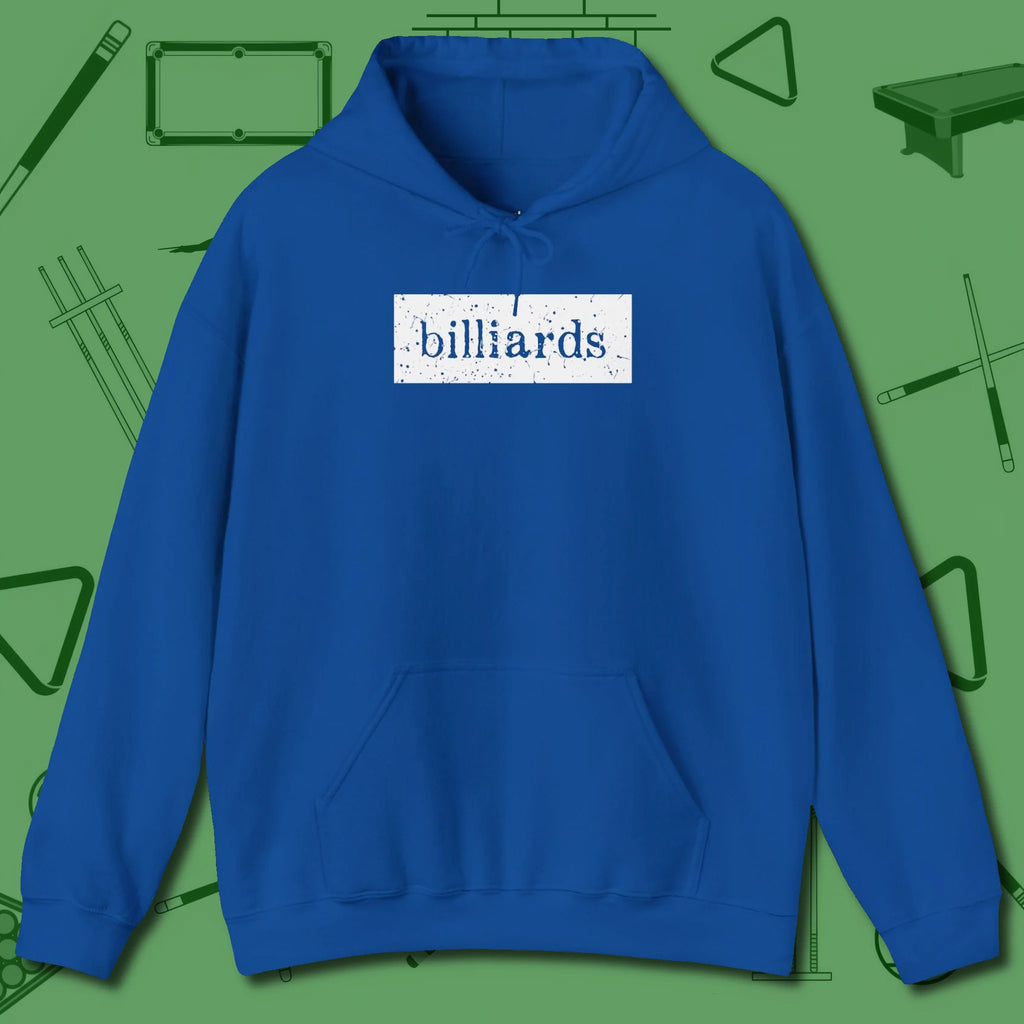 Distressed Billiards Sign Hoodie, front view, in Royal strike fear with swagger and precision