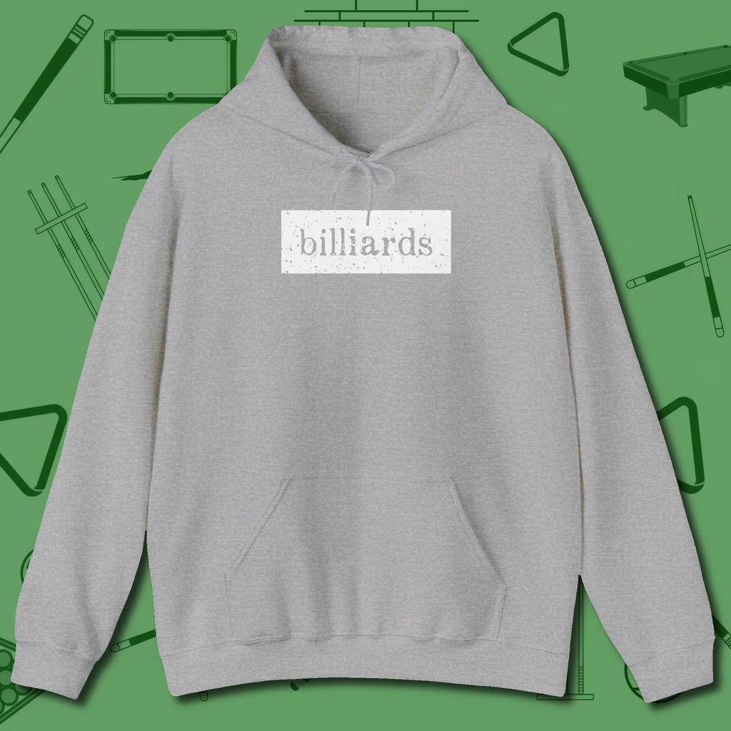 Distressed Billiards Sign Hoodie, front view, in Sport Grey your secret weapon off the table