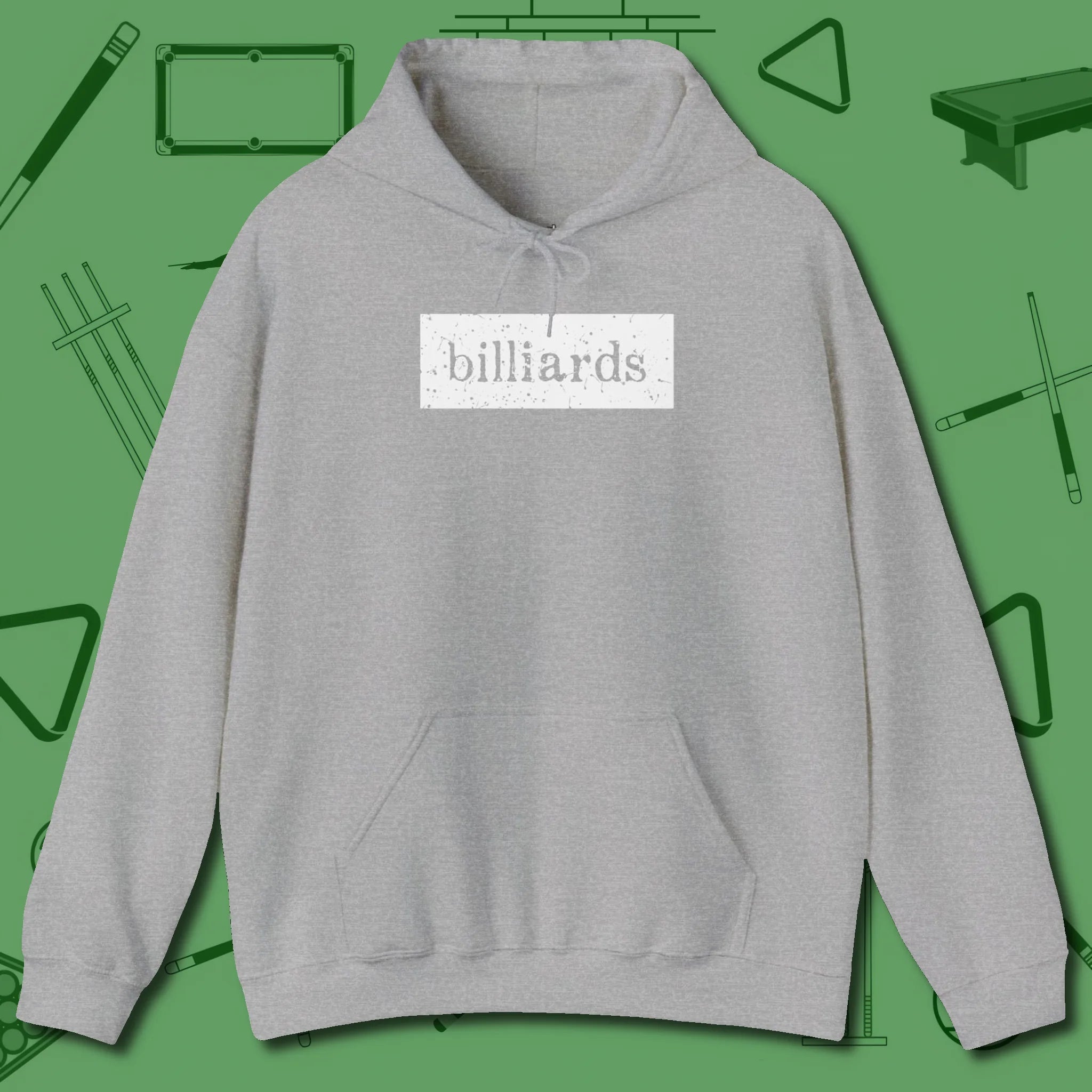 Distressed Billiards Sign Hoodie, front view, in Sport Grey your secret weapon off the table