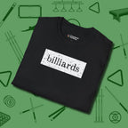Distressed Billiards Sign T-Shirt, folded view, in Black for players who live the game