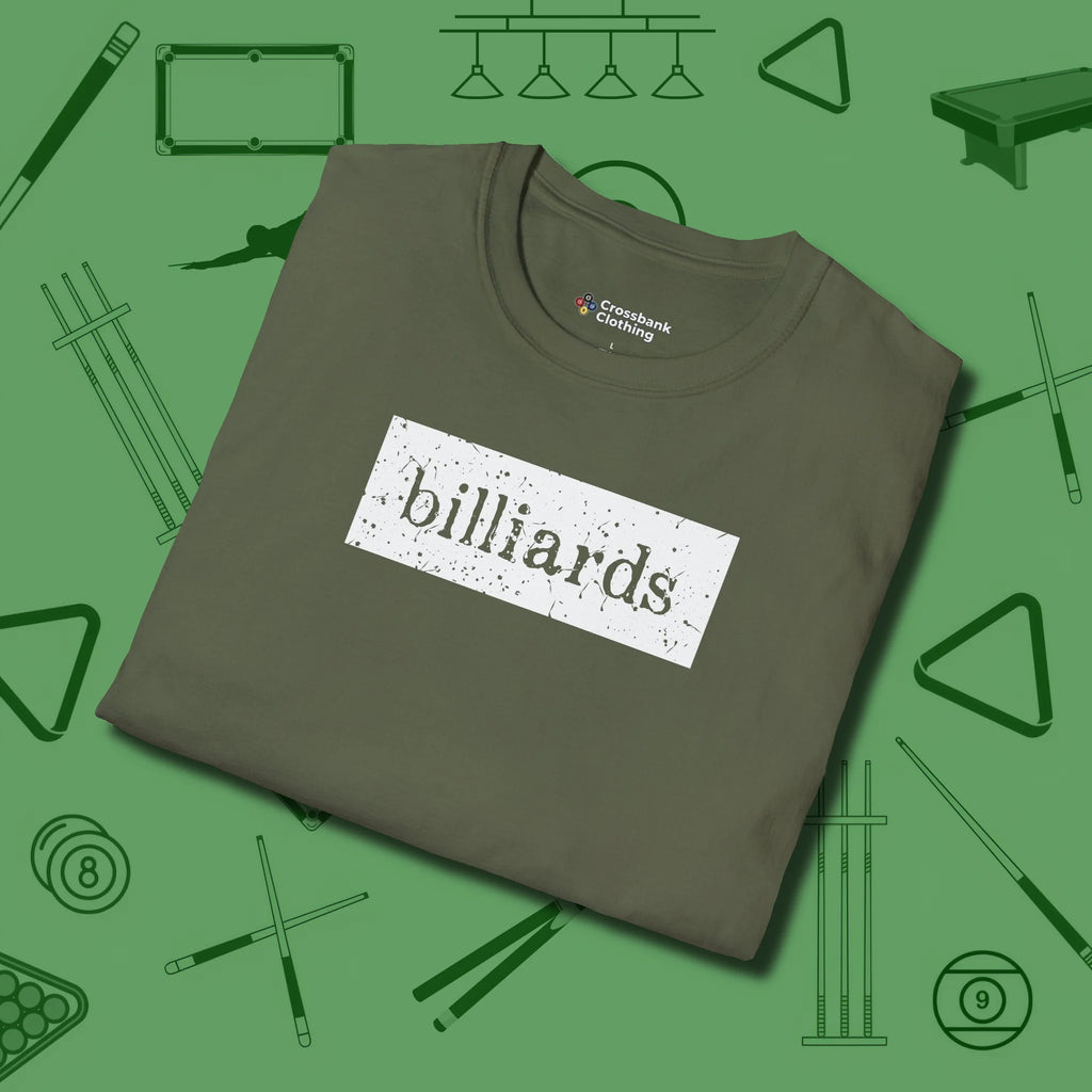 Distressed Billiards Sign T-Shirt, folded view, in Military Green fashion with break-and-run energy