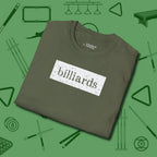 Distressed Billiards Sign T-Shirt, folded view, in Military Green fashion with break-and-run energy