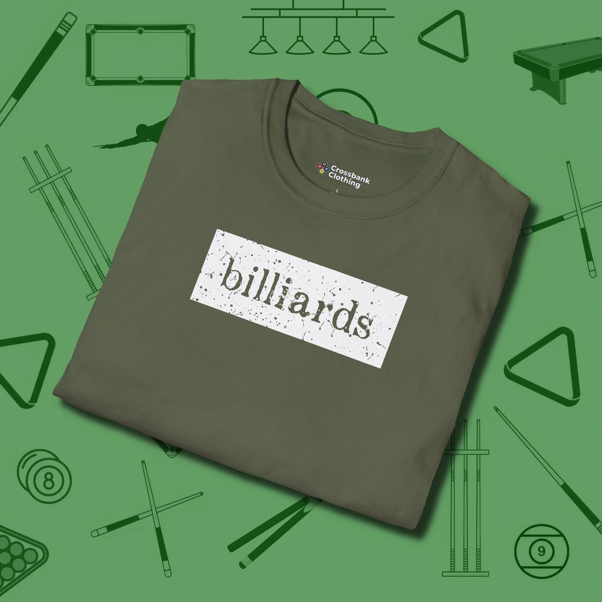 Distressed Billiards Sign T-Shirt, folded view, in Military Green fashion with break-and-run energy