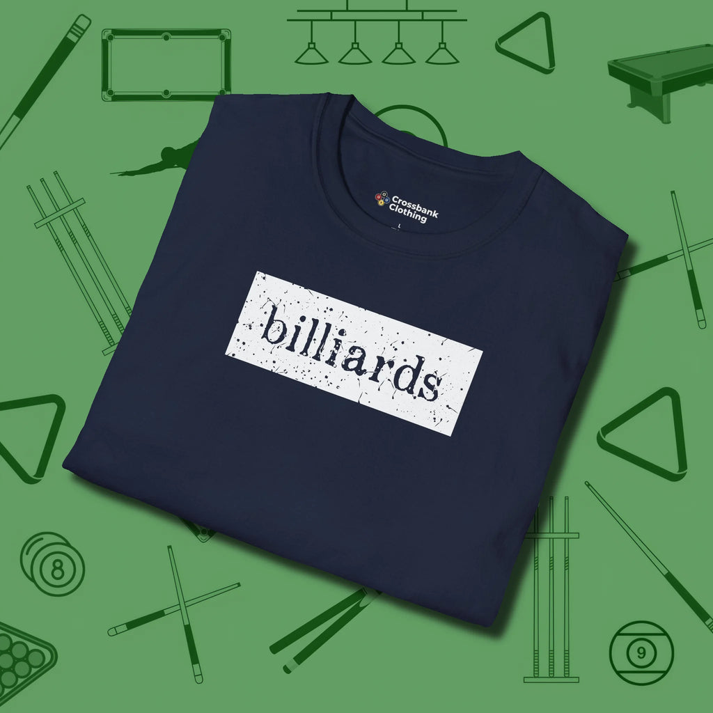 Distressed Billiards Sign T-Shirt, folded view, in Navy because the table is your battlefield