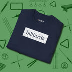 Distressed Billiards Sign T-Shirt, folded view, in Navy because the table is your battlefield