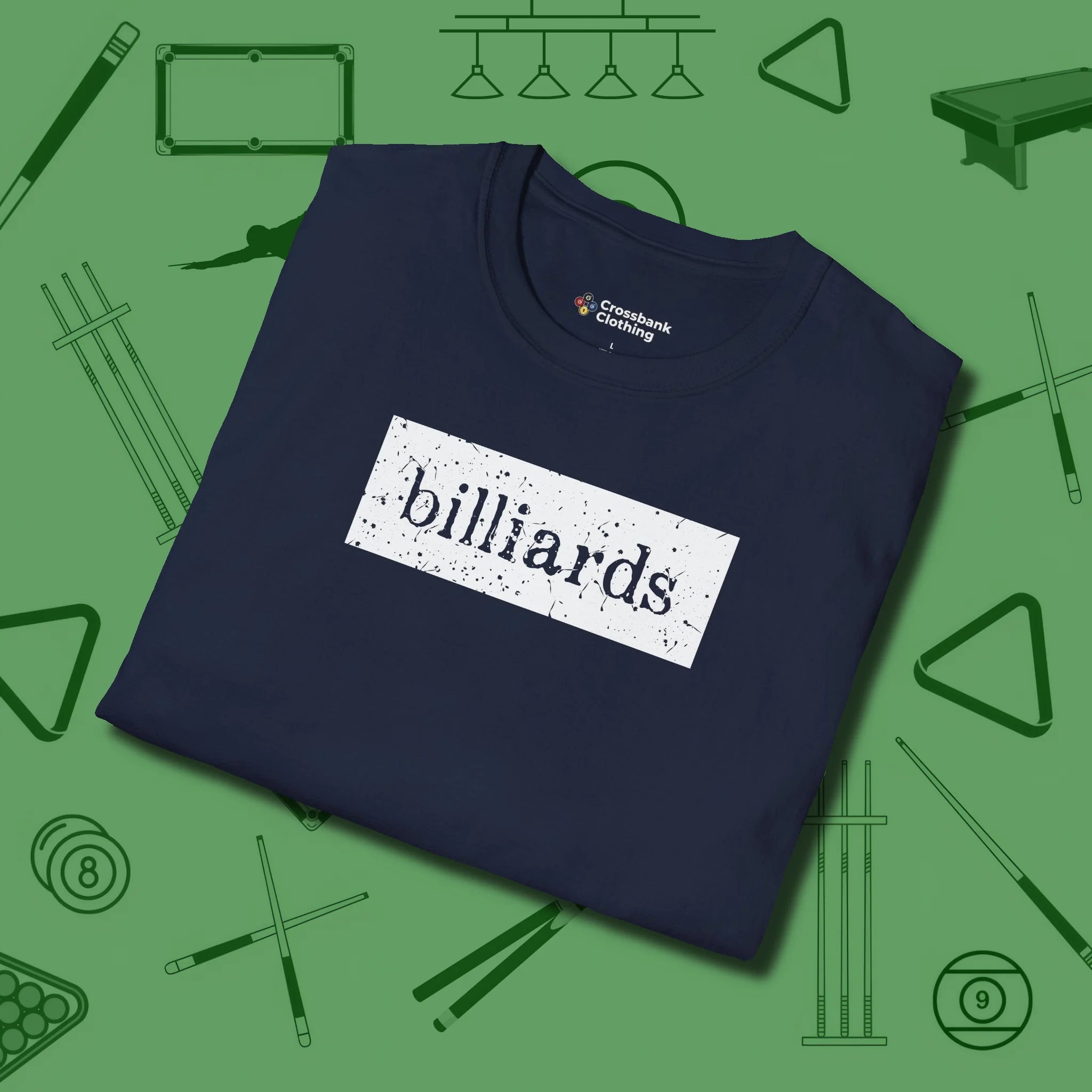 Distressed Billiards Sign T-Shirt, folded view, in Navy because the table is your battlefield