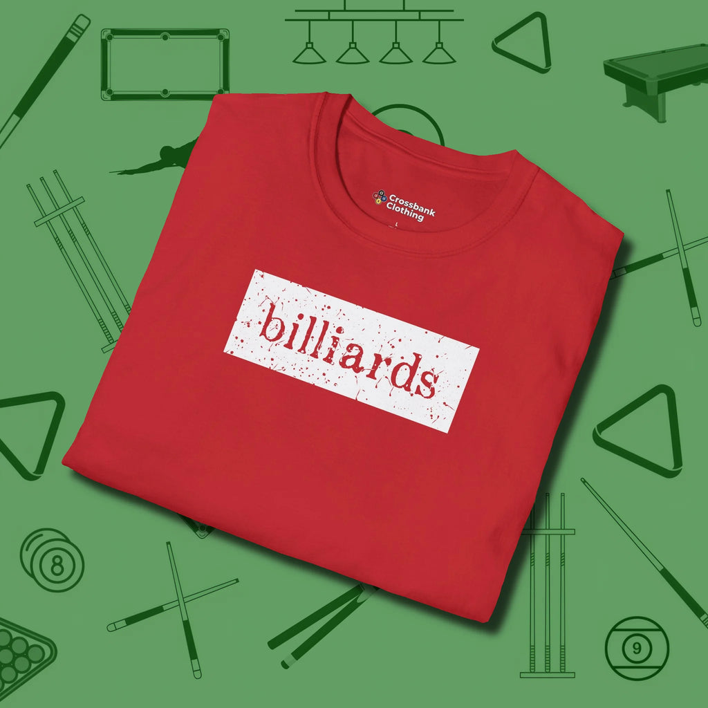 Distressed Billiards Sign T-Shirt, folded view, in Red from chalk to clutch, look the part