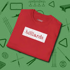 Distressed Billiards Sign T-Shirt, folded view, in Red from chalk to clutch, look the part