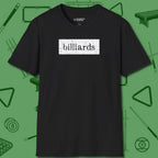Distressed Billiards Sign T-Shirt, front view, in Black because you don’t just play — you represent
