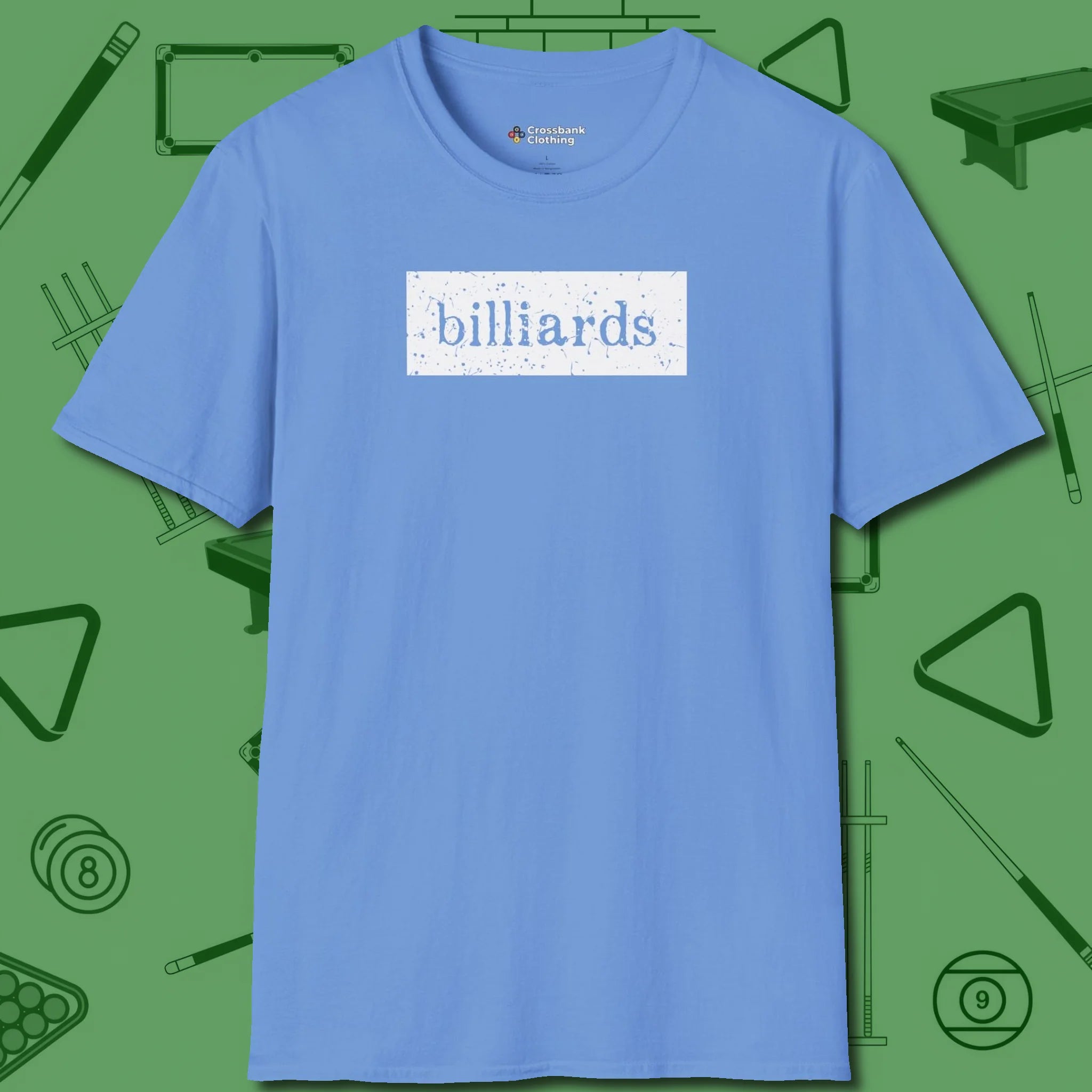 Distressed Billiards Sign T-Shirt, front view, in Carolina Blue built for bold breaks and quiet confidence