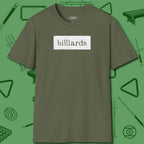 Distressed Billiards Sign T-Shirt, front view, in Military Green tough like your favorite break cue