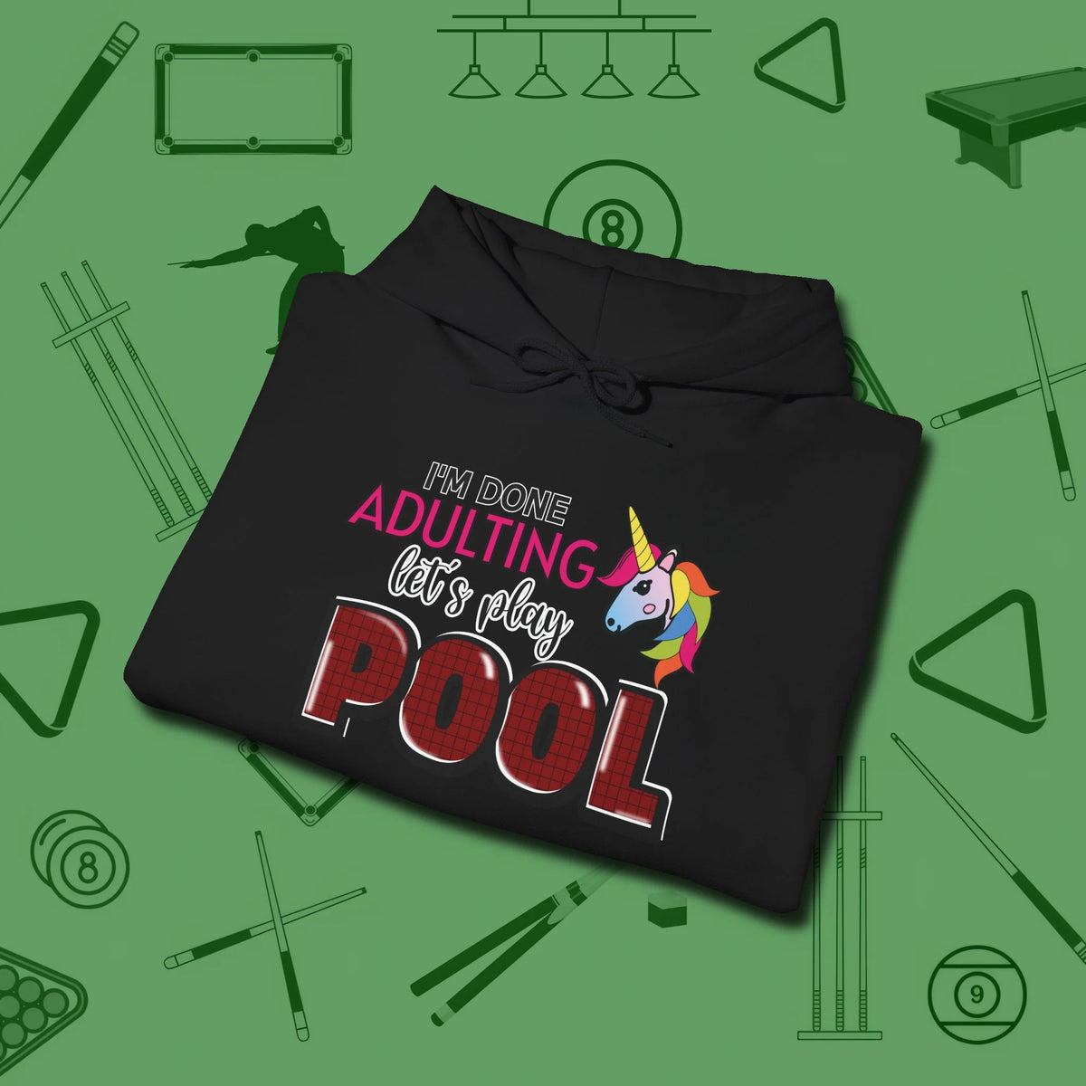 Done Adulting Unicorn Hoodie, folded view, in Black break, run out, turn heads — repeat