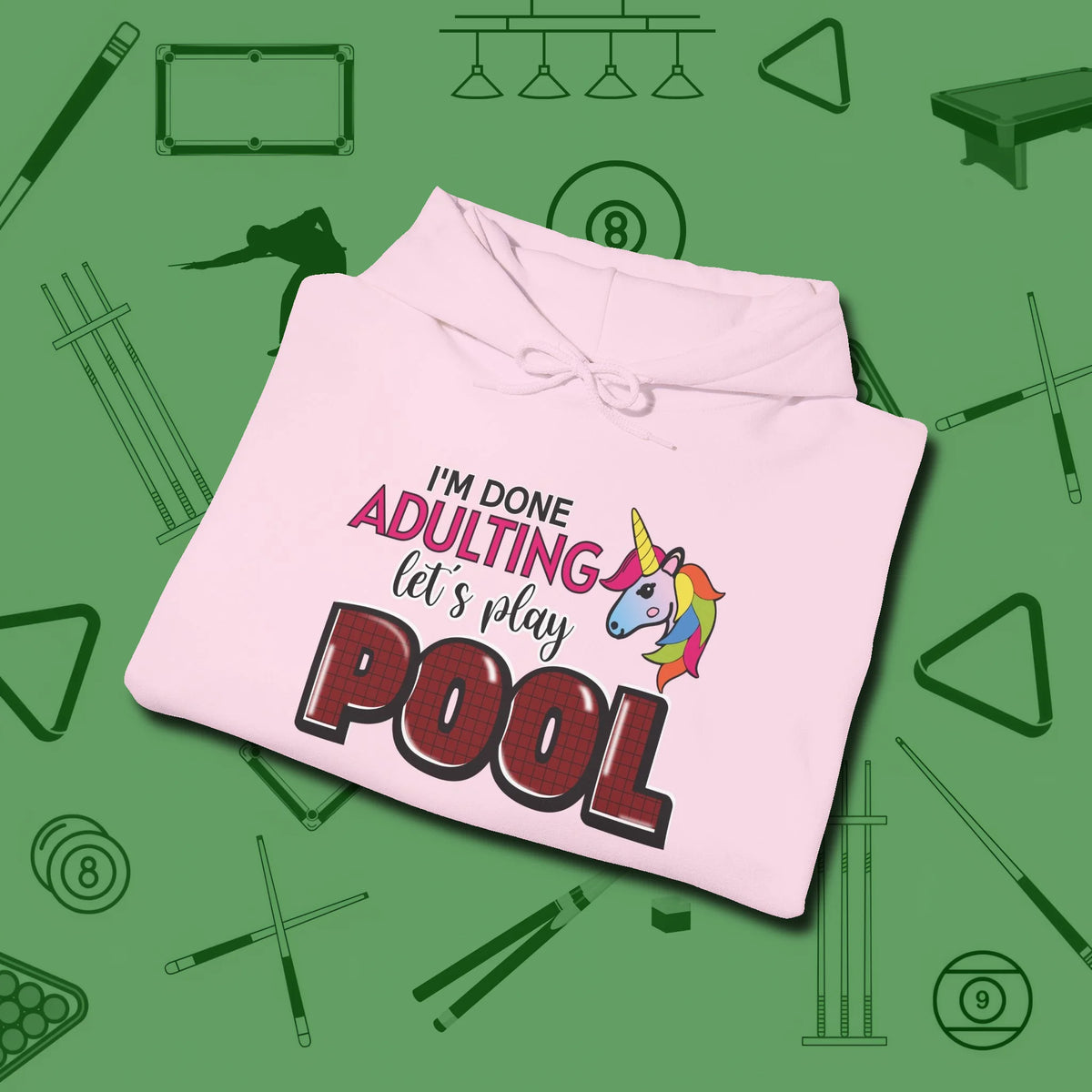 Done Adulting Unicorn Hoodie, folded view, in Light Pink where cue control meets personal style