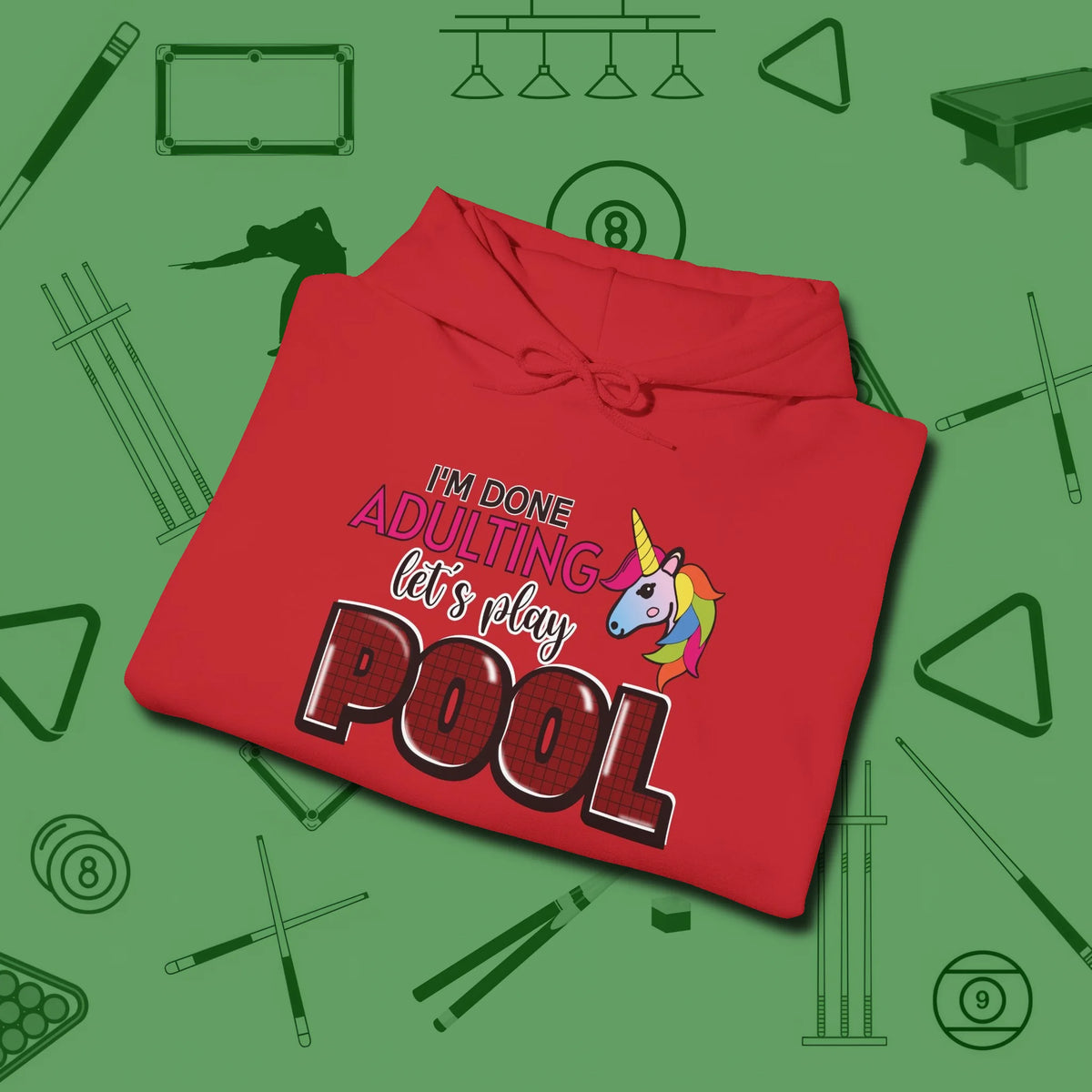 Done Adulting Unicorn Hoodie, folded view, in Red the official uniform of the after-hours crew