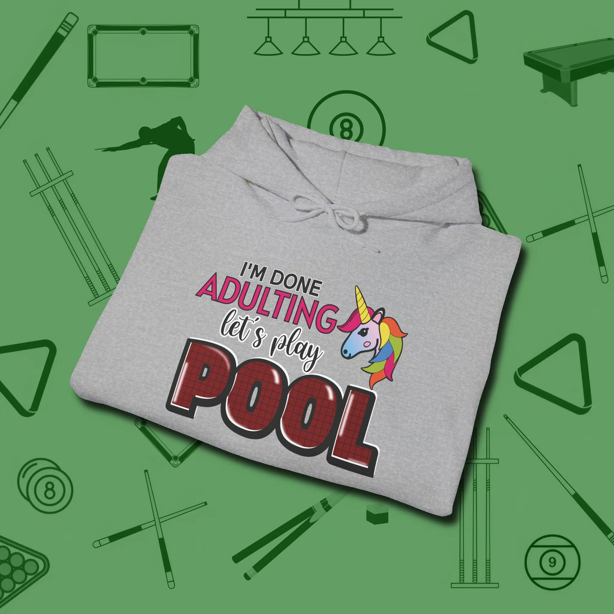Done Adulting Unicorn Hoodie, folded view, in Sport Grey what champions wear between racks