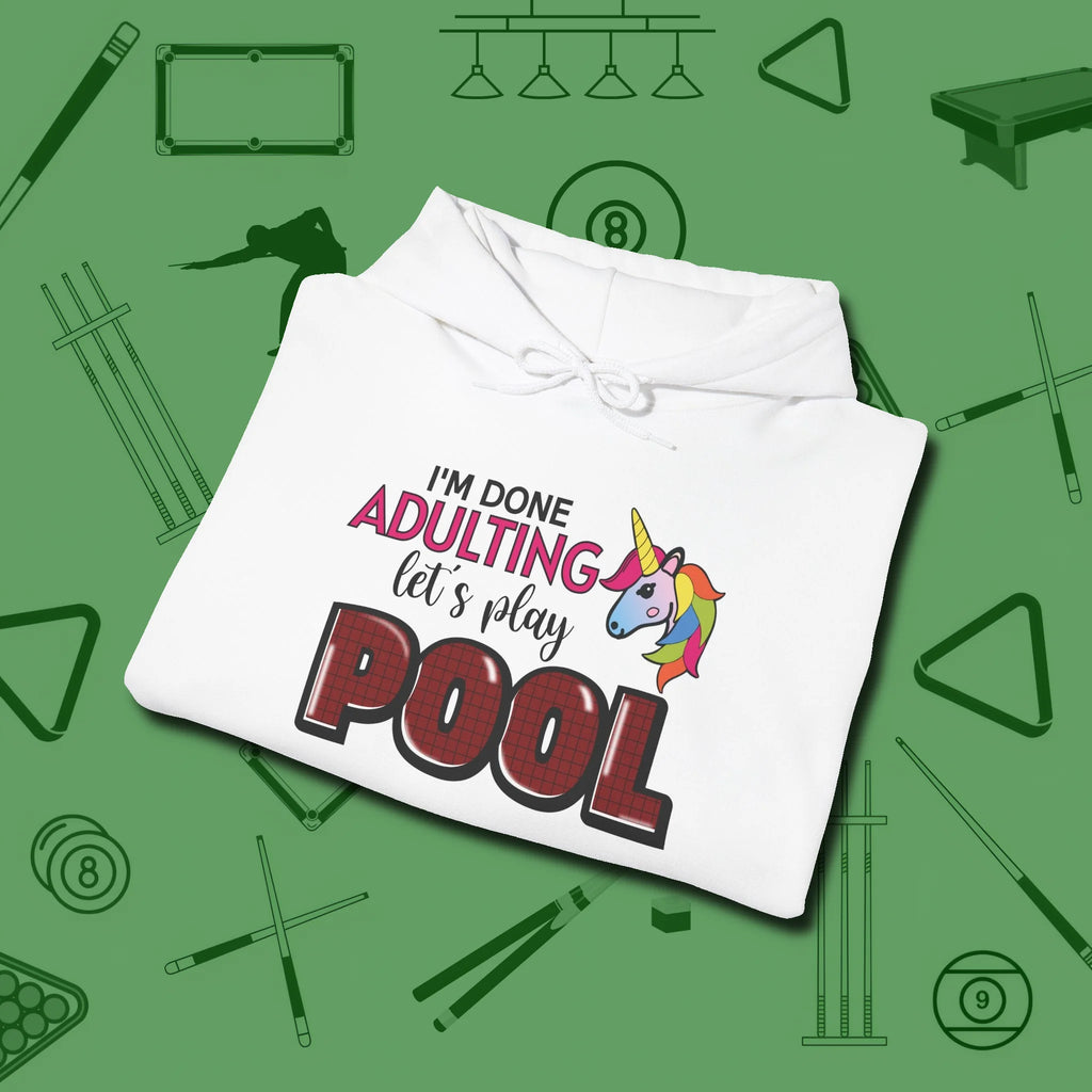 Done Adulting Unicorn Hoodie, folded view, in White subtle drip for serious shooters