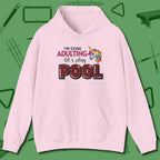 Done Adulting Unicorn Hoodie, front view, in Light Pink for shooters who dress like they play: sharp