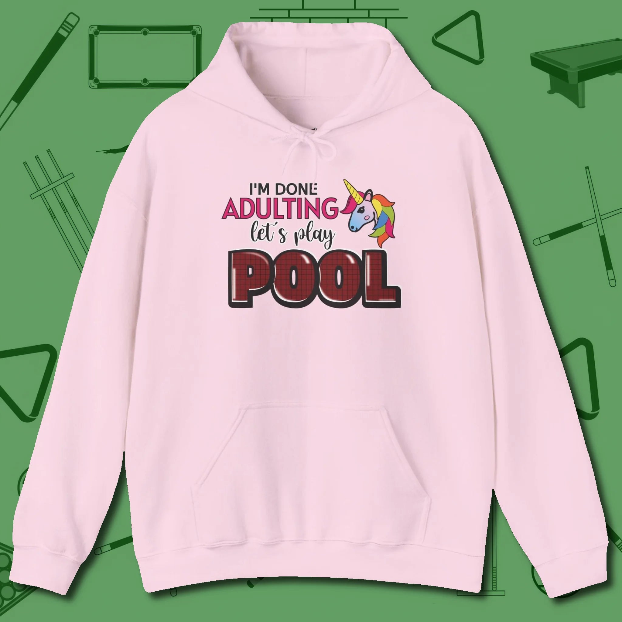 Done Adulting Unicorn Hoodie, front view, in Light Pink for shooters who dress like they play: sharp