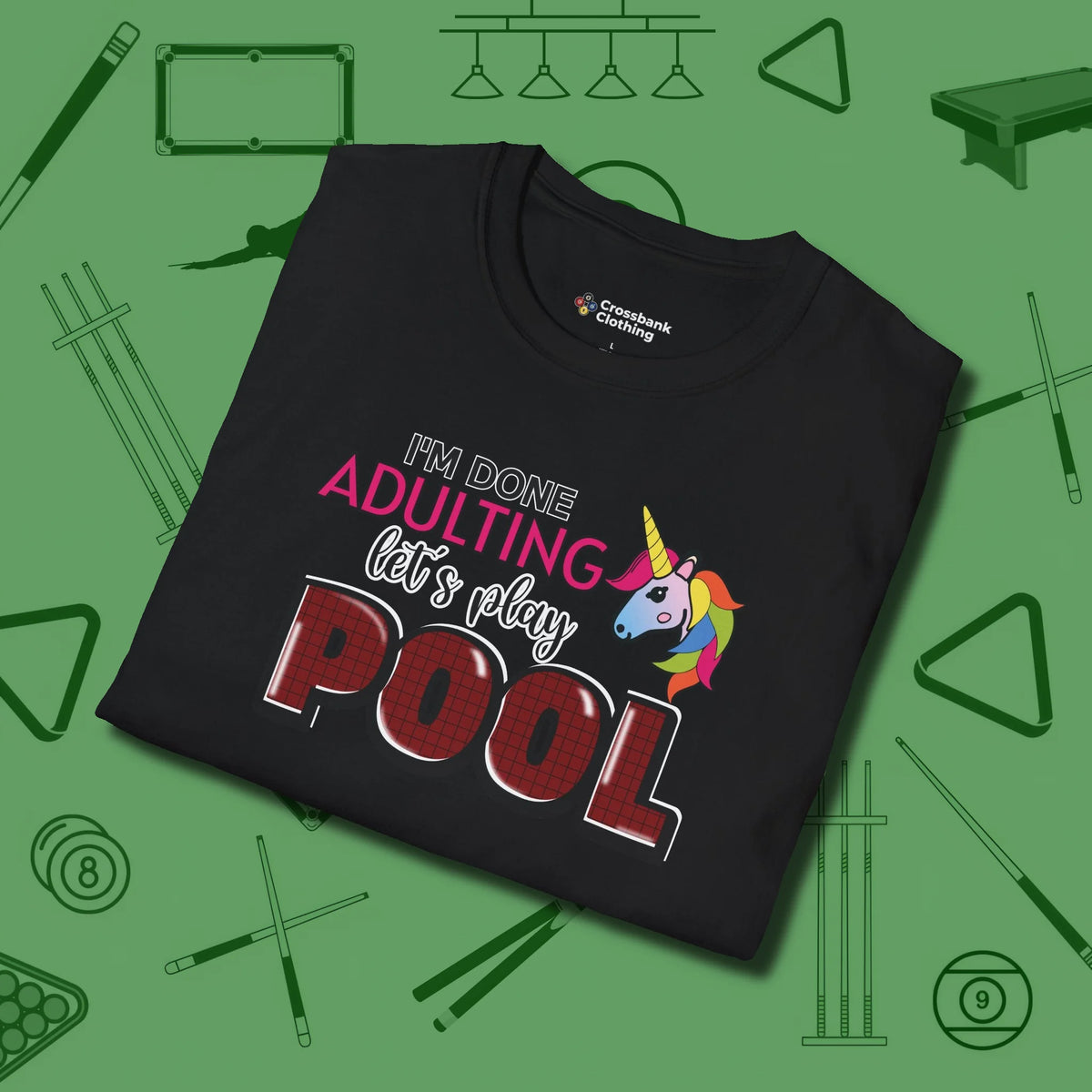 Done Adulting Unicorn T-Shirt, folded view, in Black attitude built for the long haul