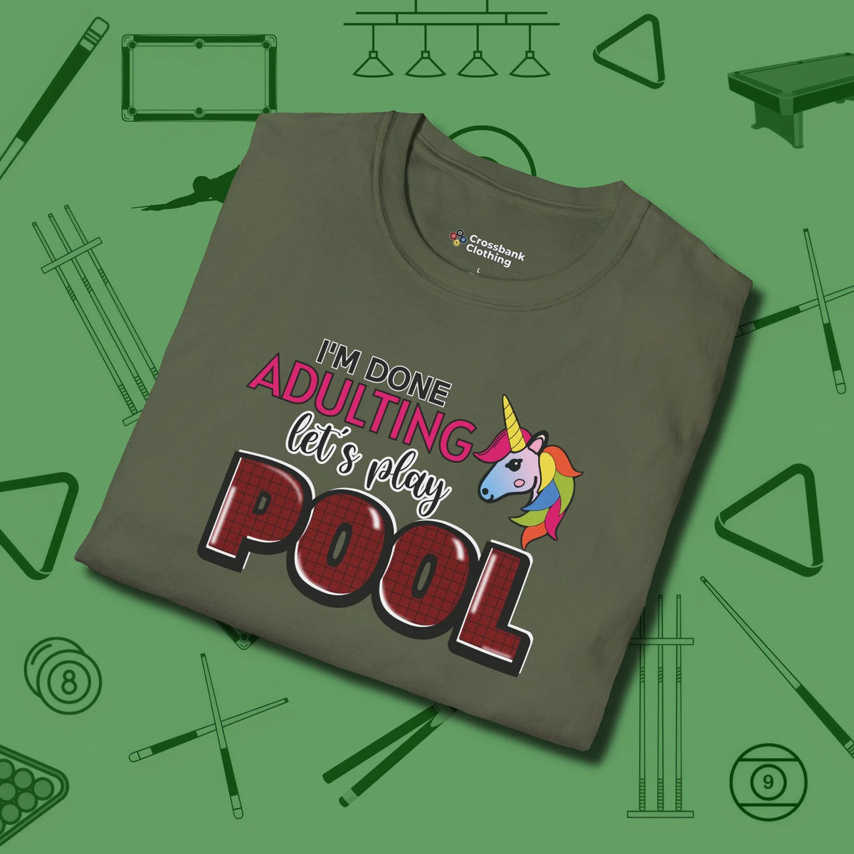 Done Adulting Unicorn T-Shirt, folded view, in Military Green stitched for cue discipline and cool confidence