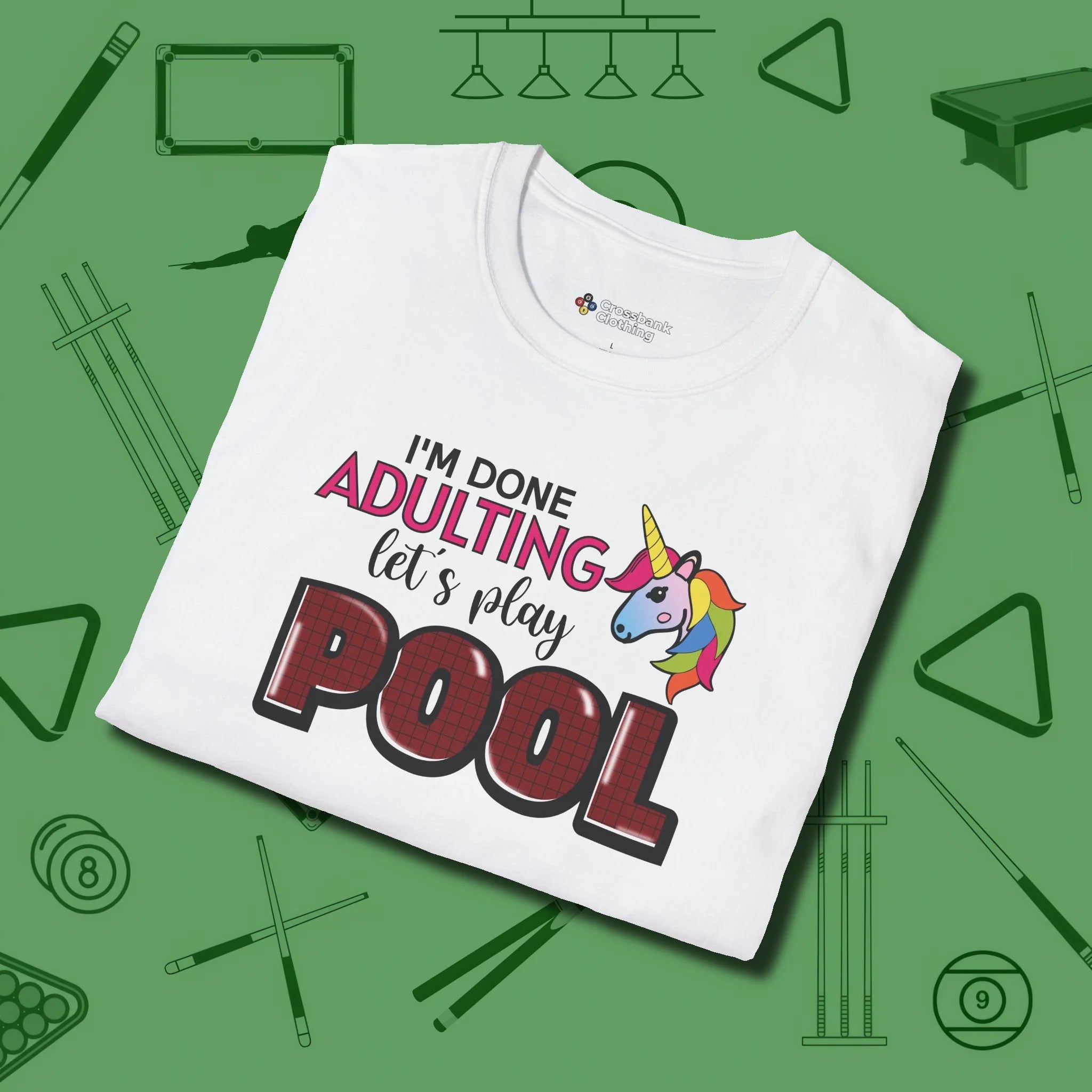 Done Adulting Unicorn T-Shirt, folded view, in White not your average 8-ball graphic tee