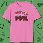 Done Adulting Unicorn T-Shirt, front view, in Azalea cue sports swagger done right