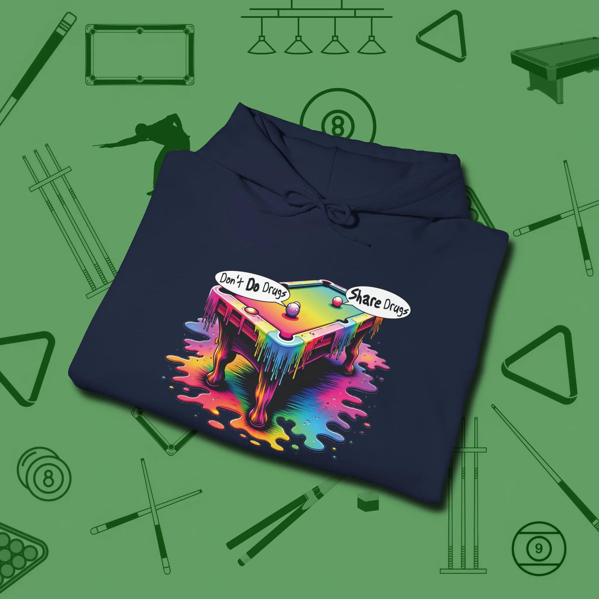 Don't Do Drugs Table Hoodie, folded view, in Navy perfect for players with quiet fire