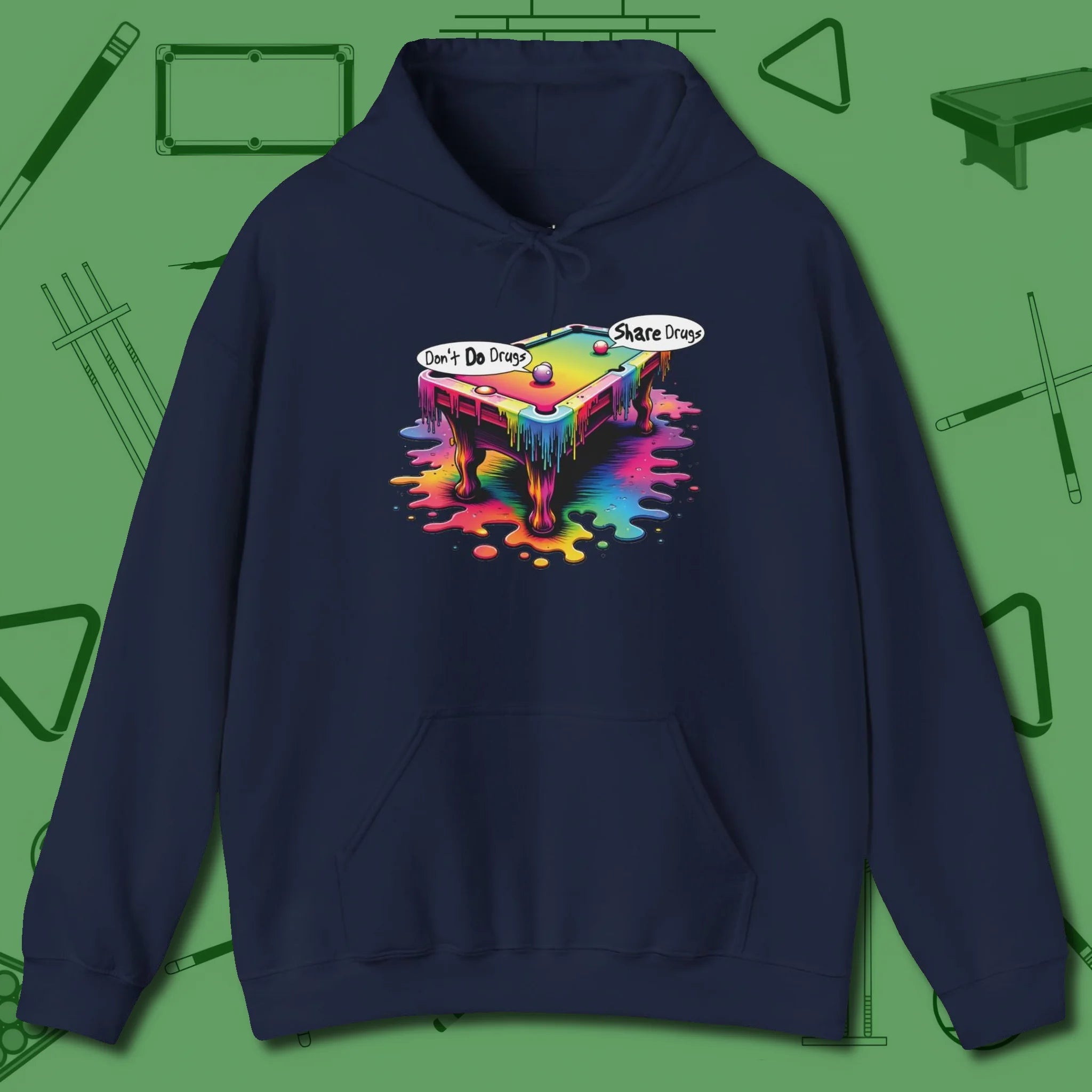 Don't Do Drugs Table Hoodie, front view, in Navy confidence stitched in every seam