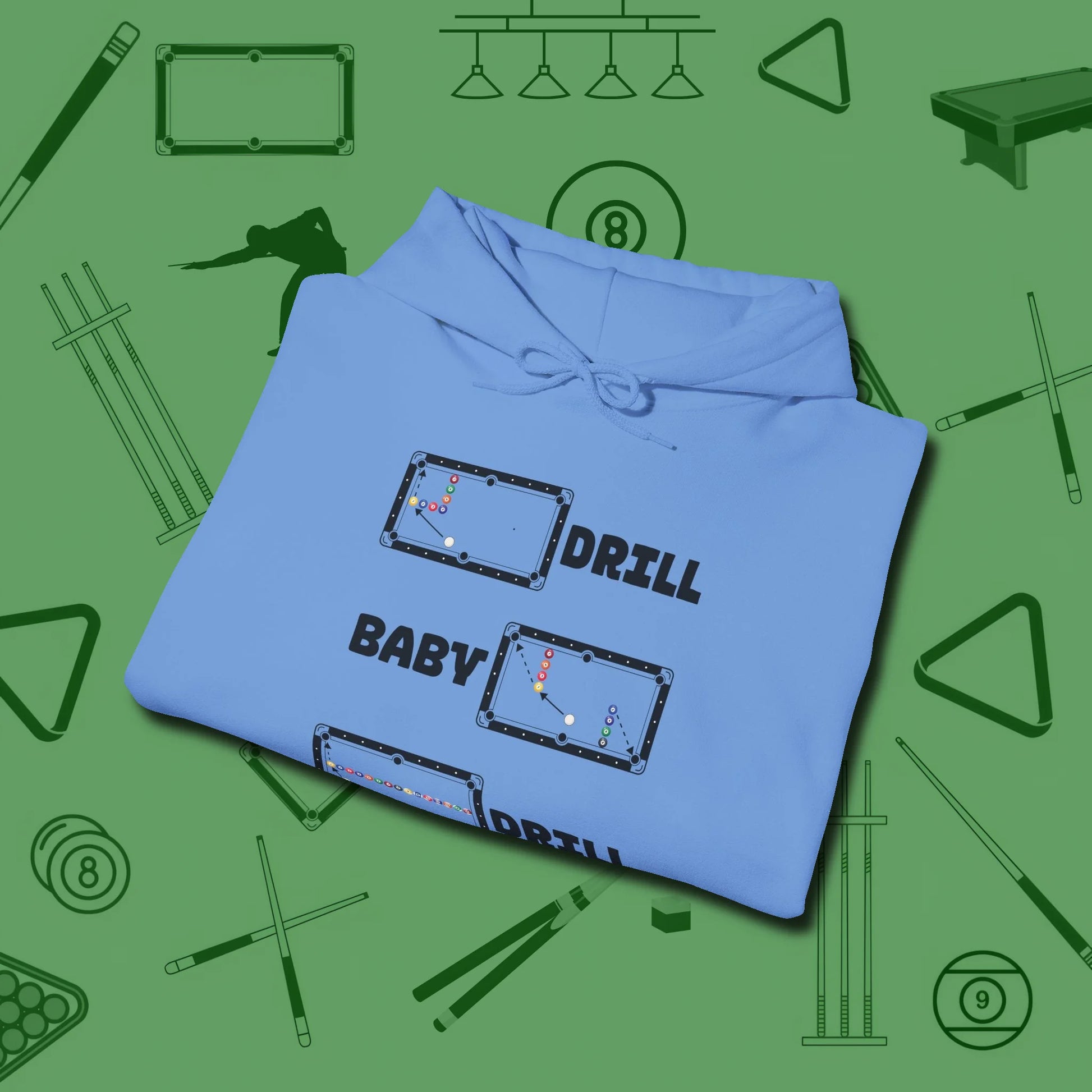 Drill Baby Drill Hoodie, folded view, in Carolina Blue strike fear with swagger and precision